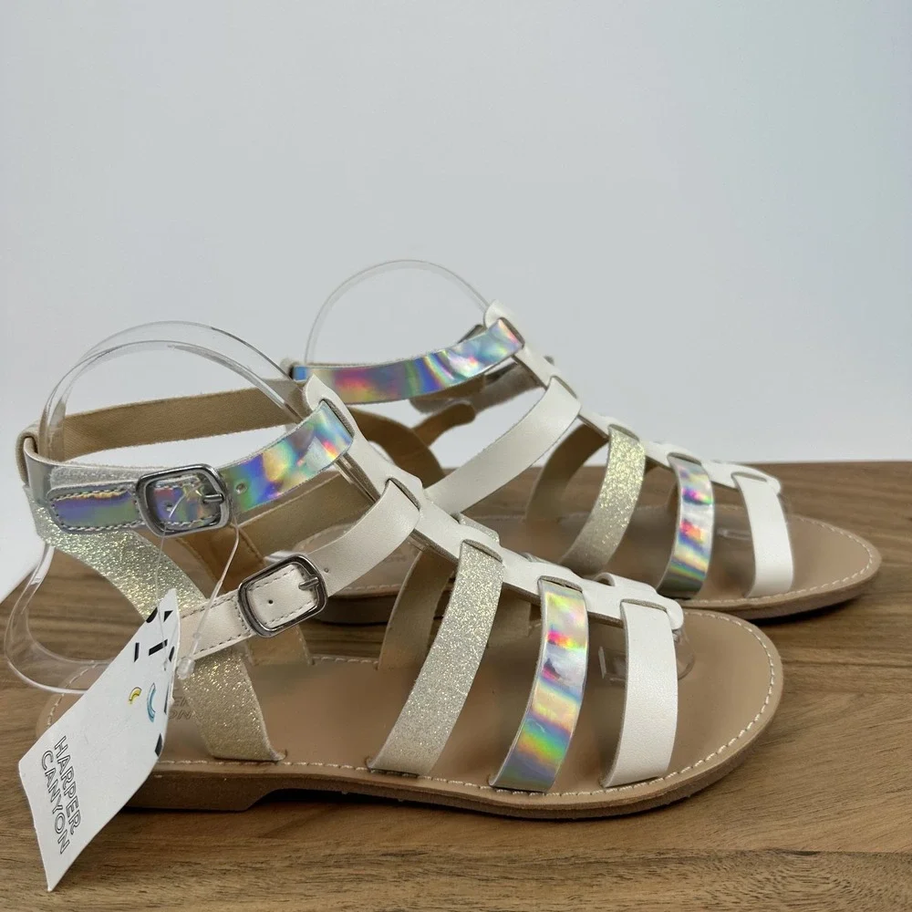New Harper Canyon Valentina White Sparkle Holographic Gladiator Sandals Size 5 Y